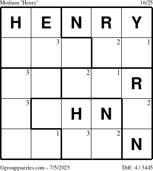 The grouppuzzles.com Medium Henry puzzle for Saturday July 5, 2025 with the first 3 steps marked