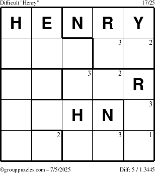 The grouppuzzles.com Difficult Henry puzzle for Saturday July 5, 2025 with the first 3 steps marked