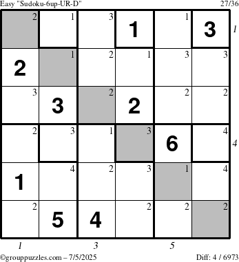The grouppuzzles.com Easy Sudoku-6up-UR-D puzzle for Saturday July 5, 2025 with all 4 steps marked