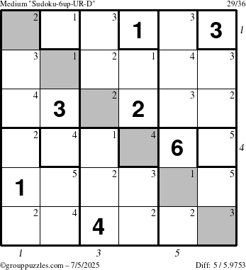 The grouppuzzles.com Medium Sudoku-6up-UR-D puzzle for Saturday July 5, 2025, suitable for printing, with all 5 steps marked