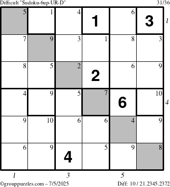 The grouppuzzles.com Difficult Sudoku-6up-UR-D puzzle for Saturday July 5, 2025 with all 10 steps marked