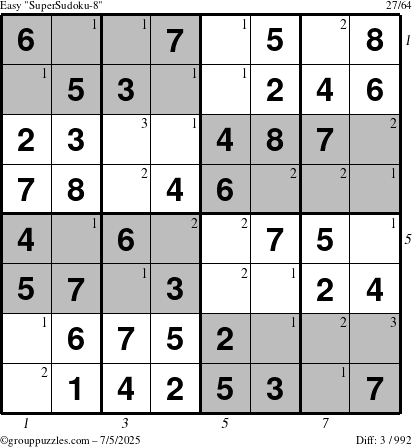 The grouppuzzles.com Easy SuperSudoku-8 puzzle for Saturday July 5, 2025 with all 3 steps marked