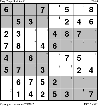 The grouppuzzles.com Easy SuperSudoku-8 puzzle for Saturday July 5, 2025 with the first 3 steps marked