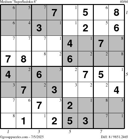The grouppuzzles.com Medium SuperSudoku-8 puzzle for Saturday July 5, 2025 with all 8 steps marked