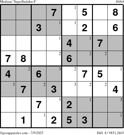 The grouppuzzles.com Medium SuperSudoku-8 puzzle for Saturday July 5, 2025 with the first 3 steps marked