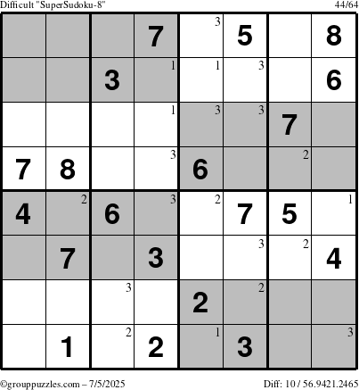 The grouppuzzles.com Difficult SuperSudoku-8 puzzle for Saturday July 5, 2025 with the first 3 steps marked