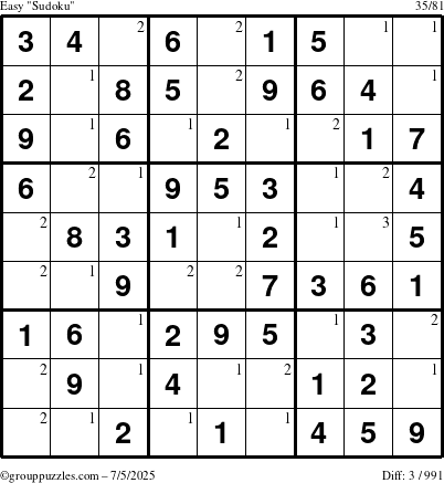 The grouppuzzles.com Easy Sudoku puzzle for Saturday July 5, 2025 with the first 3 steps marked
