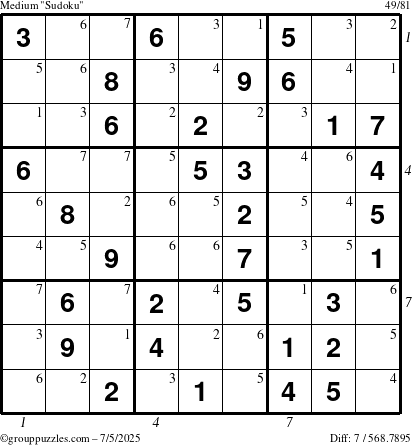 The grouppuzzles.com Medium Sudoku puzzle for Saturday July 5, 2025 with all 7 steps marked