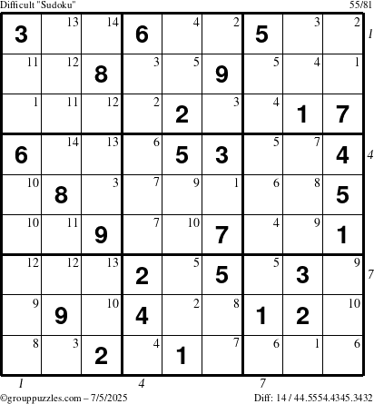 The grouppuzzles.com Difficult Sudoku puzzle for Saturday July 5, 2025 with all 14 steps marked