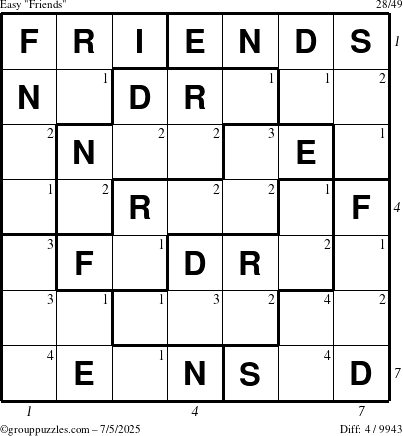 The grouppuzzles.com Easy Friends puzzle for Saturday July 5, 2025 with all 4 steps marked