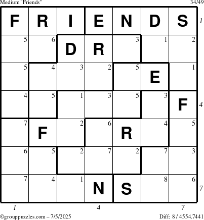 The grouppuzzles.com Medium Friends puzzle for Saturday July 5, 2025 with all 8 steps marked