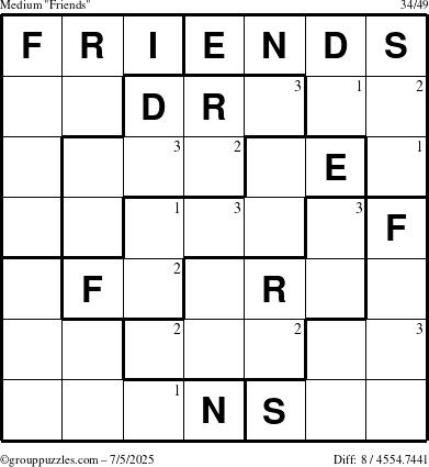 The grouppuzzles.com Medium Friends puzzle for Saturday July 5, 2025 with the first 3 steps marked