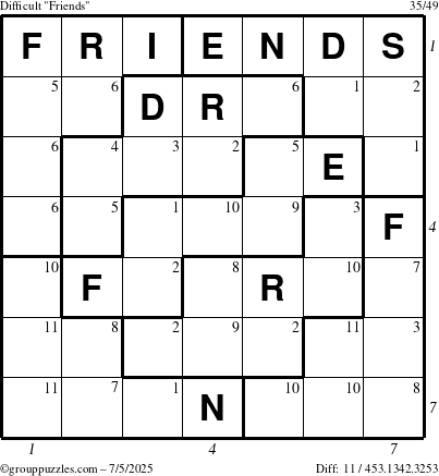 The grouppuzzles.com Difficult Friends puzzle for Saturday July 5, 2025, suitable for printing, with all 11 steps marked