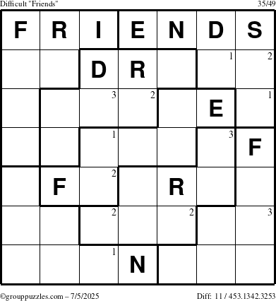 The grouppuzzles.com Difficult Friends puzzle for Saturday July 5, 2025 with the first 3 steps marked