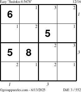 The grouppuzzles.com Easy Sudoku-4-5678 puzzle for Friday June 13, 2025 with all 3 steps marked