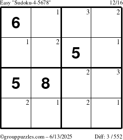 The grouppuzzles.com Easy Sudoku-4-5678 puzzle for Friday June 13, 2025 with the first 3 steps marked