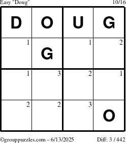 The grouppuzzles.com Easy Doug puzzle for Friday June 13, 2025 with the first 3 steps marked