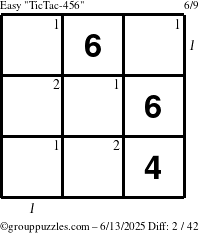 The grouppuzzles.com Easy TicTac-456 puzzle for Friday June 13, 2025 with all 2 steps marked