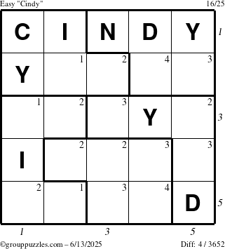 The grouppuzzles.com Easy Cindy puzzle for Friday June 13, 2025 with all 4 steps marked