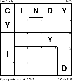 The grouppuzzles.com Easy Cindy puzzle for Friday June 13, 2025 with the first 3 steps marked