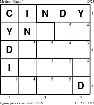 The grouppuzzles.com Medium Cindy puzzle for Friday June 13, 2025 with all 5 steps marked