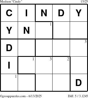 The grouppuzzles.com Medium Cindy puzzle for Friday June 13, 2025 with the first 3 steps marked