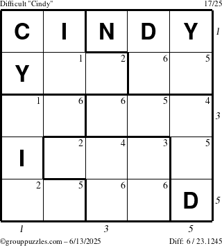 The grouppuzzles.com Difficult Cindy puzzle for Friday June 13, 2025 with all 6 steps marked
