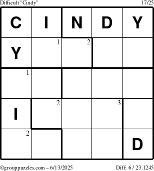 The grouppuzzles.com Difficult Cindy puzzle for Friday June 13, 2025 with the first 3 steps marked