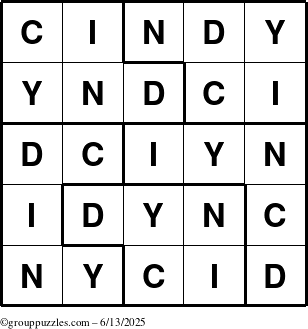 The grouppuzzles.com Answer grid for the Cindy puzzle for Friday June 13, 2025