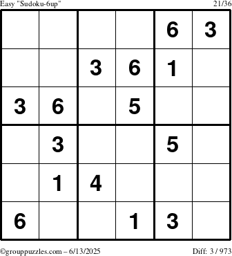 The grouppuzzles.com Easy Sudoku-6up puzzle for Friday June 13, 2025