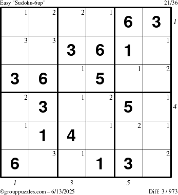 The grouppuzzles.com Easy Sudoku-6up puzzle for Friday June 13, 2025 with all 3 steps marked