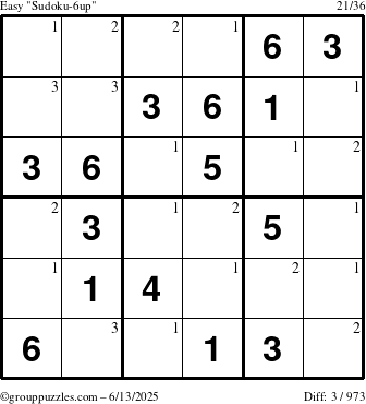 The grouppuzzles.com Easy Sudoku-6up puzzle for Friday June 13, 2025 with the first 3 steps marked