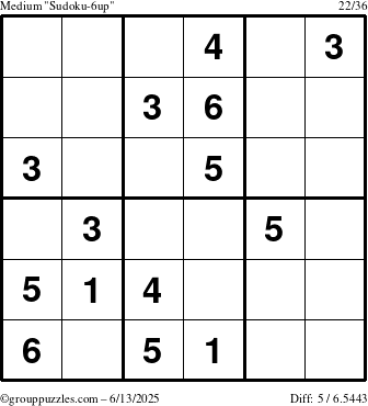 The grouppuzzles.com Medium Sudoku-6up puzzle for Friday June 13, 2025