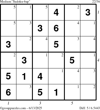 The grouppuzzles.com Medium Sudoku-6up puzzle for Friday June 13, 2025 with all 5 steps marked