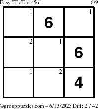 The grouppuzzles.com Easy TicTac-456 puzzle for Friday June 13, 2025 with the first 2 steps marked