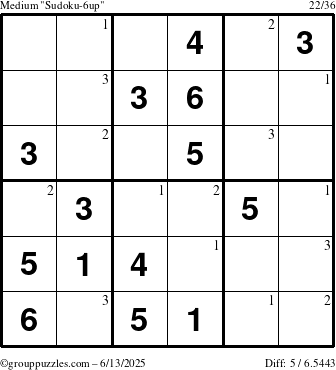 The grouppuzzles.com Medium Sudoku-6up puzzle for Friday June 13, 2025 with the first 3 steps marked
