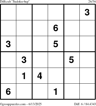 The grouppuzzles.com Difficult Sudoku-6up puzzle for Friday June 13, 2025
