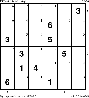 The grouppuzzles.com Difficult Sudoku-6up puzzle for Friday June 13, 2025, suitable for printing, with all 6 steps marked