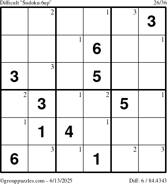 The grouppuzzles.com Difficult Sudoku-6up puzzle for Friday June 13, 2025 with the first 3 steps marked
