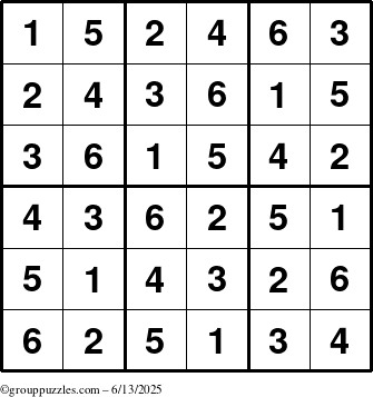 The grouppuzzles.com Answer grid for the Sudoku-6up puzzle for Friday June 13, 2025