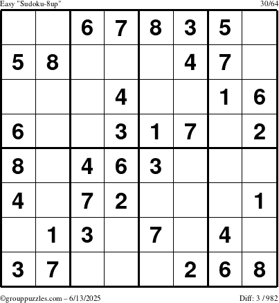 The grouppuzzles.com Easy Sudoku-8up puzzle for Friday June 13, 2025