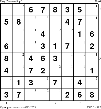 The grouppuzzles.com Easy Sudoku-8up puzzle for Friday June 13, 2025 with all 3 steps marked