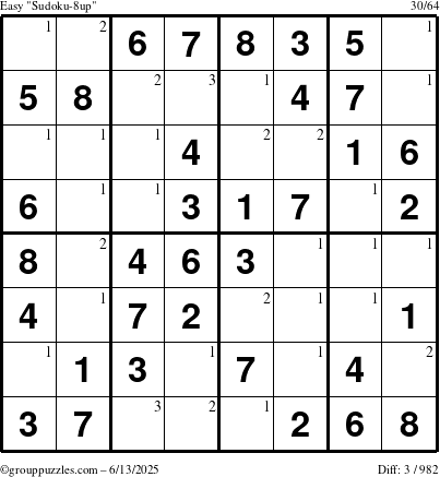 The grouppuzzles.com Easy Sudoku-8up puzzle for Friday June 13, 2025 with the first 3 steps marked