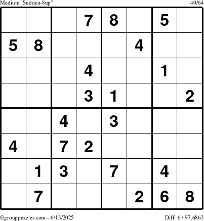 The grouppuzzles.com Medium Sudoku-8up puzzle for Friday June 13, 2025