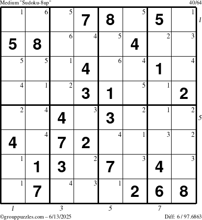 The grouppuzzles.com Medium Sudoku-8up puzzle for Friday June 13, 2025 with all 6 steps marked