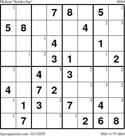The grouppuzzles.com Medium Sudoku-8up puzzle for Friday June 13, 2025 with the first 3 steps marked