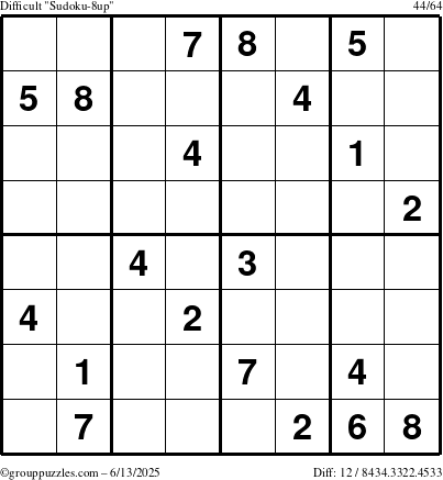 The grouppuzzles.com Difficult Sudoku-8up puzzle for Friday June 13, 2025