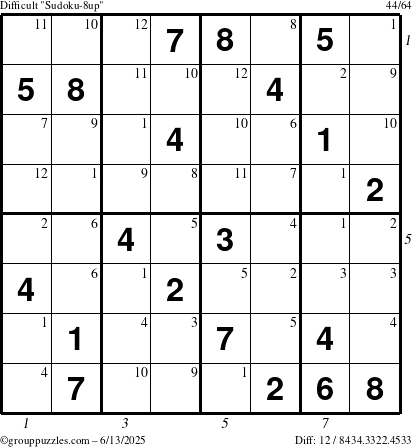 The grouppuzzles.com Difficult Sudoku-8up puzzle for Friday June 13, 2025 with all 12 steps marked