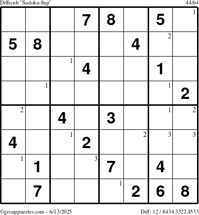 The grouppuzzles.com Difficult Sudoku-8up puzzle for Friday June 13, 2025 with the first 3 steps marked