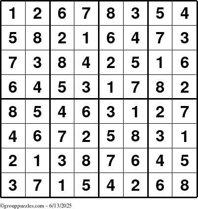 The grouppuzzles.com Answer grid for the Sudoku-8up puzzle for Friday June 13, 2025
